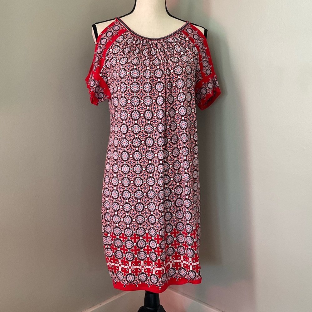 Max Studio Cold Shoulder Mini Dress, size Small, red & blue, EUC